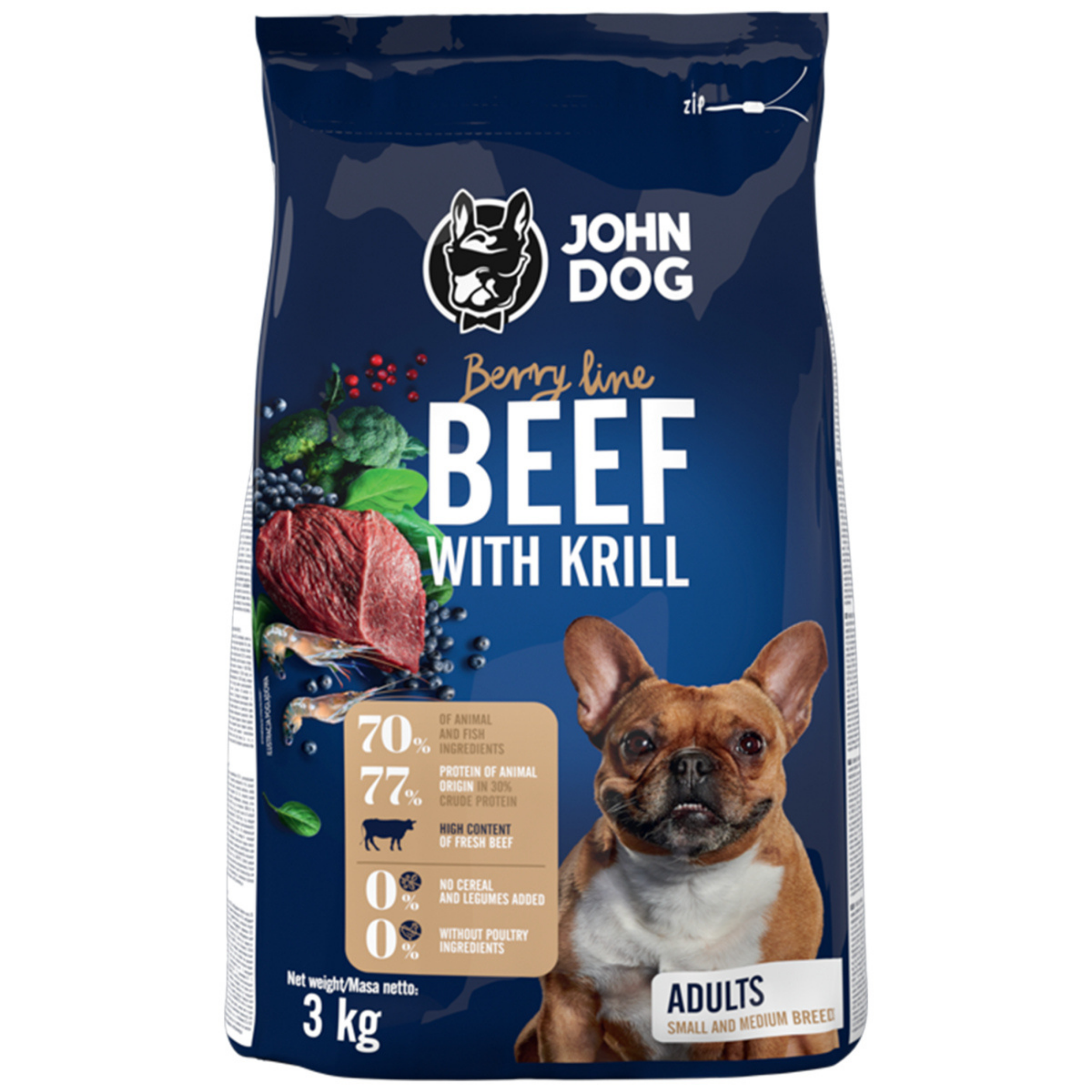 John Dog - Karma sucha Berry Line Wołowina z krylem dla dorosłych psów 3kg  JD-karma-sucha-Berry-Line-beef-with-krill-DOROSLE-3kg_