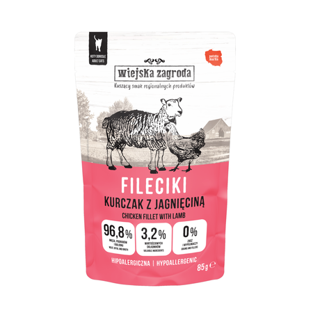 Wiejska Zagroda - Karma mokra -  Fileciki kurczak z jagnięciną dla dorosłych kotów 85  g
